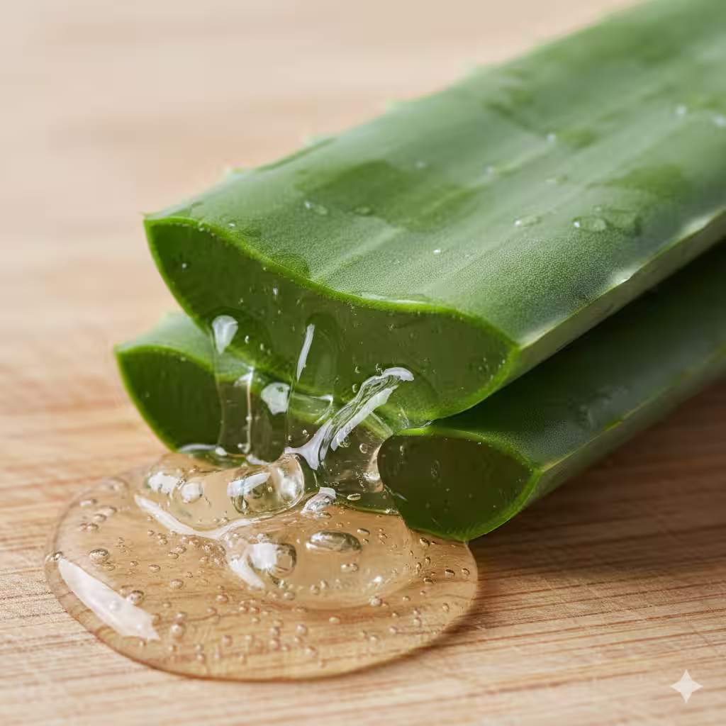 Fresh aloe vera leaf cut open with natural gel oozing out on a clean background.