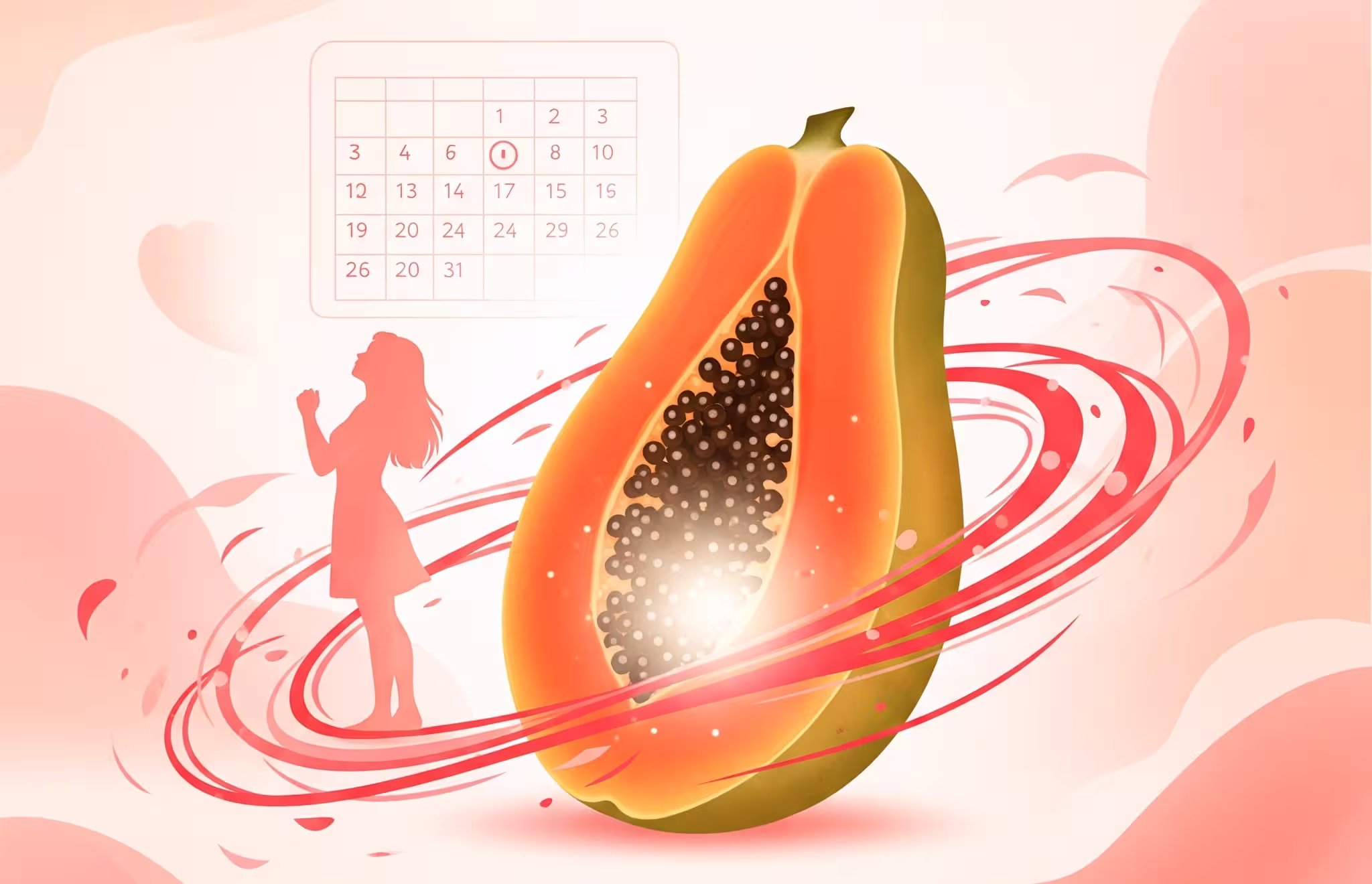 Digital illustration of papaya for menstrual health, showing glowing fruit, woman silhouette, and calendar symbolizing natural periods.