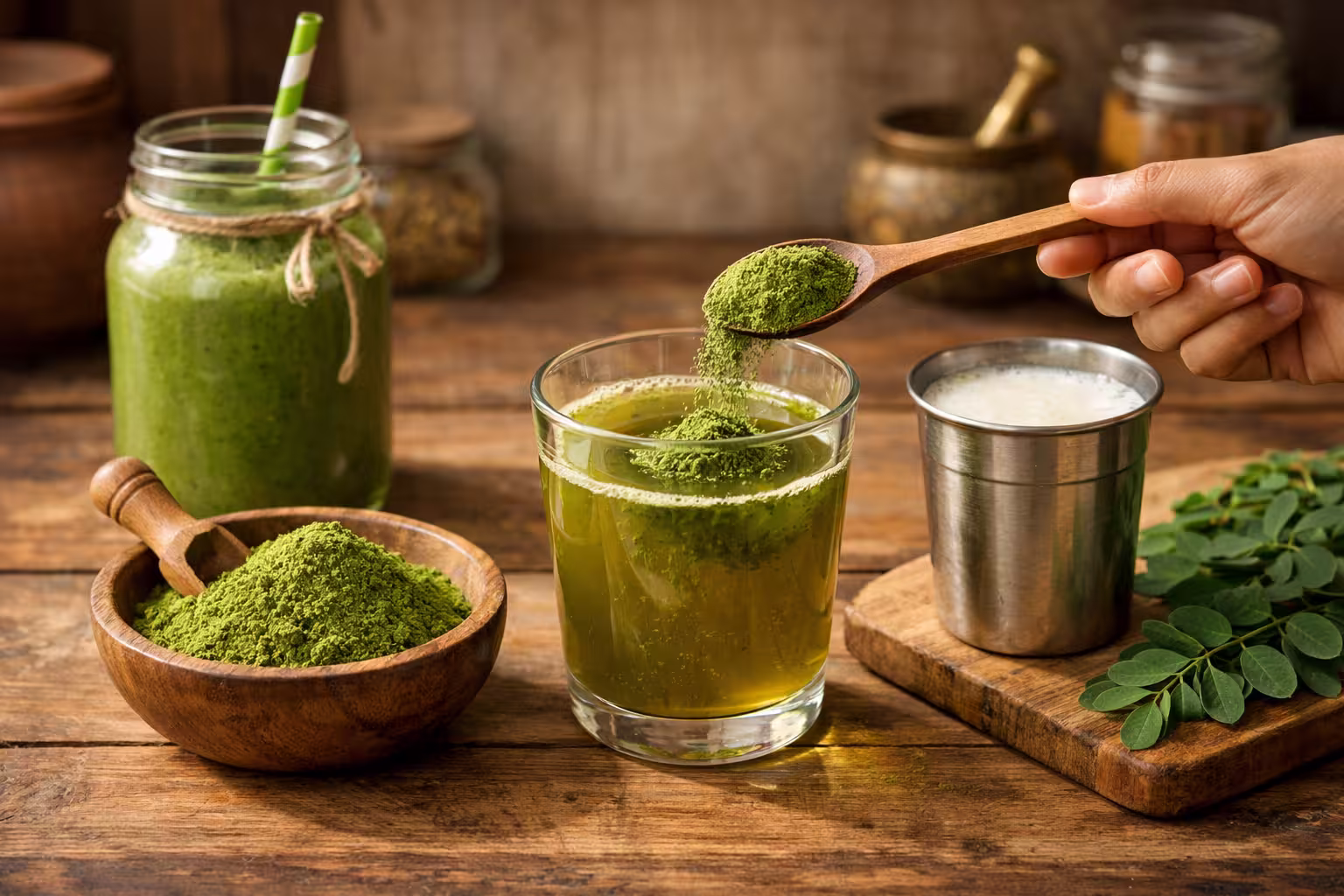 Using moringa powder in daily routine with herbal drink and smoothie preparation