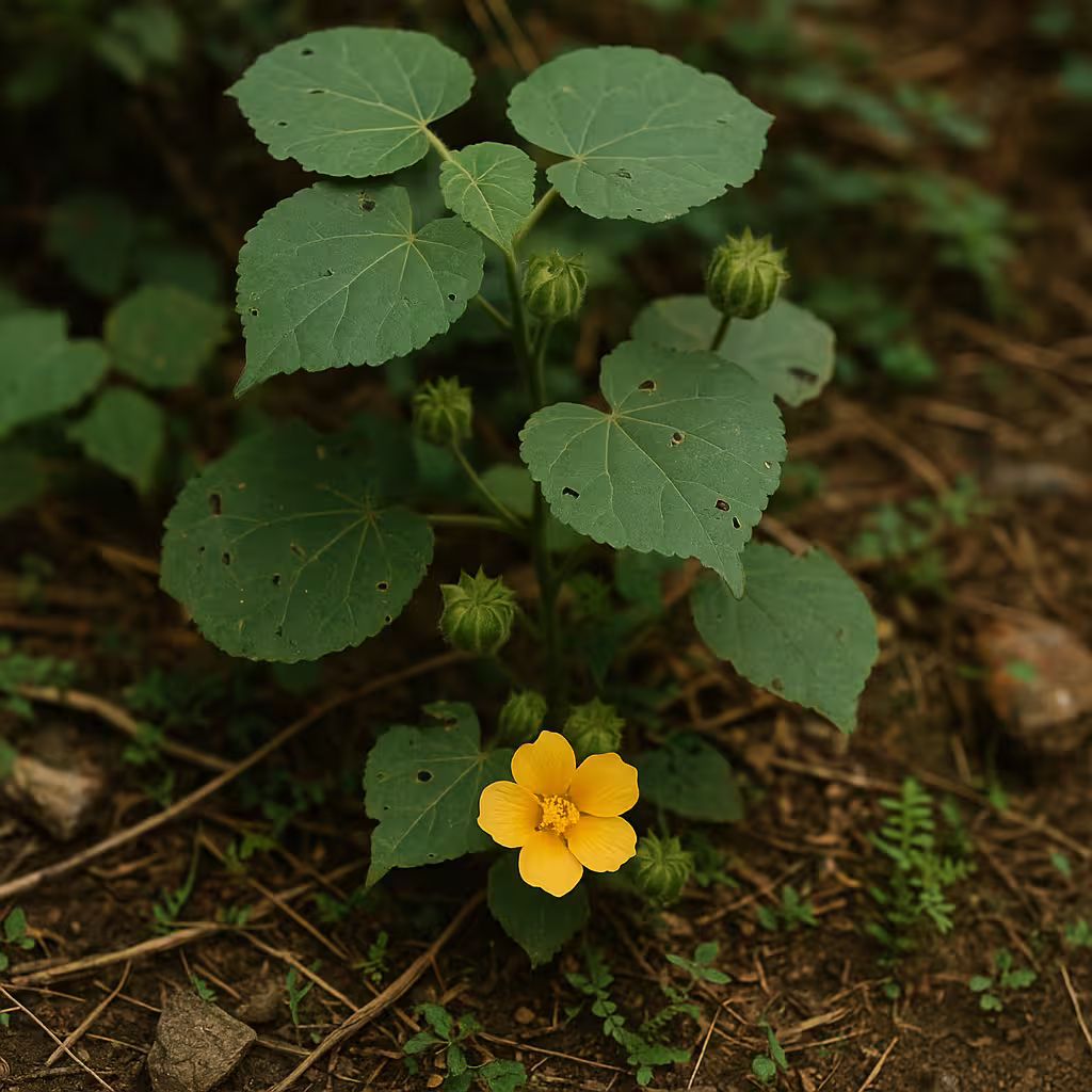 A close-up shot of a small Thuthi (Abutilon indicum) plant growing on the ground. The plant has heart-shaped, slightly serrated green leaves with a velvety texture and a single bright yellow flower with five petals at the bottom. Several round, closed flower buds are also visible on the stem. The surrounding ground is covered with dry leaves and twigs.