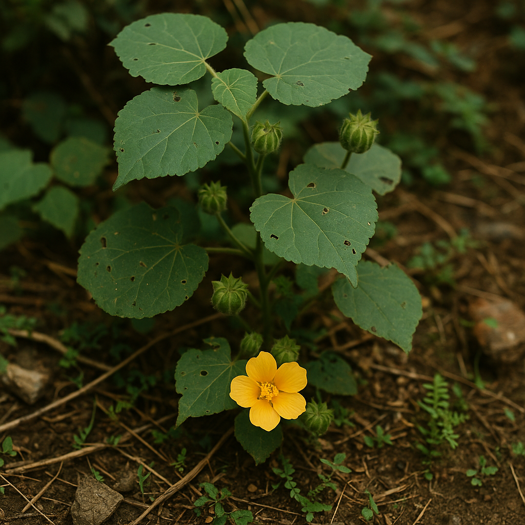 A close-up shot of a small Thuthi (Abutilon indicum) plant growing on the ground. The plant has heart-shaped, slightly serrated green leaves with a velvety texture and a single bright yellow flower with five petals at the bottom. Several round, closed flower buds are also visible on the stem. The surrounding ground is covered with dry leaves and twigs.